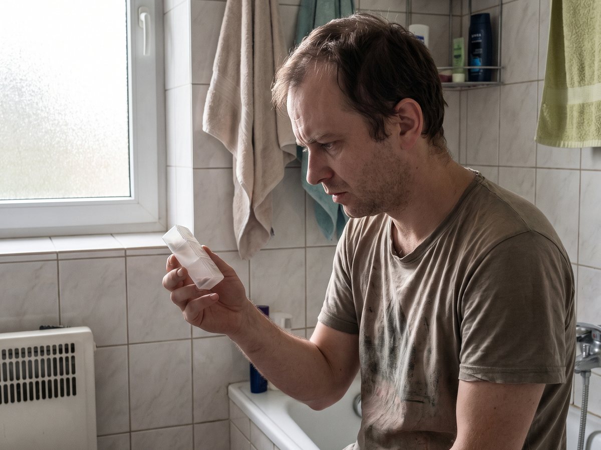 Mężczyzna z tabletkami w łazience