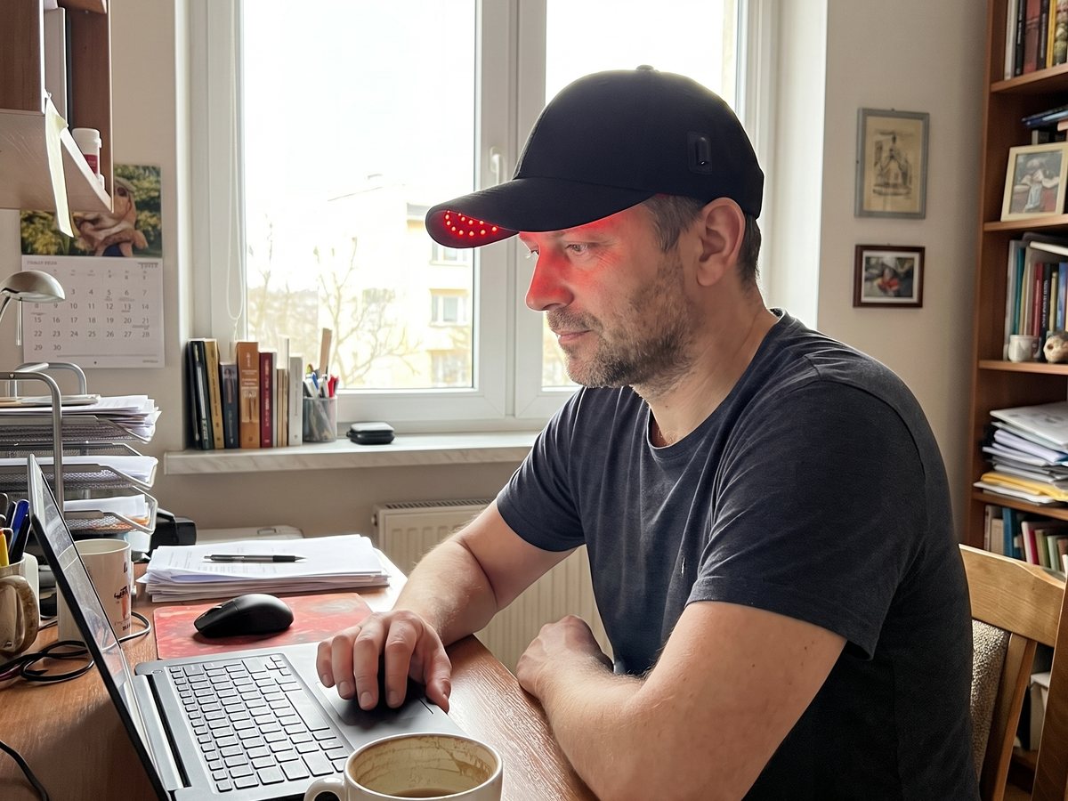 Mężczyzna w czapce przy laptopie