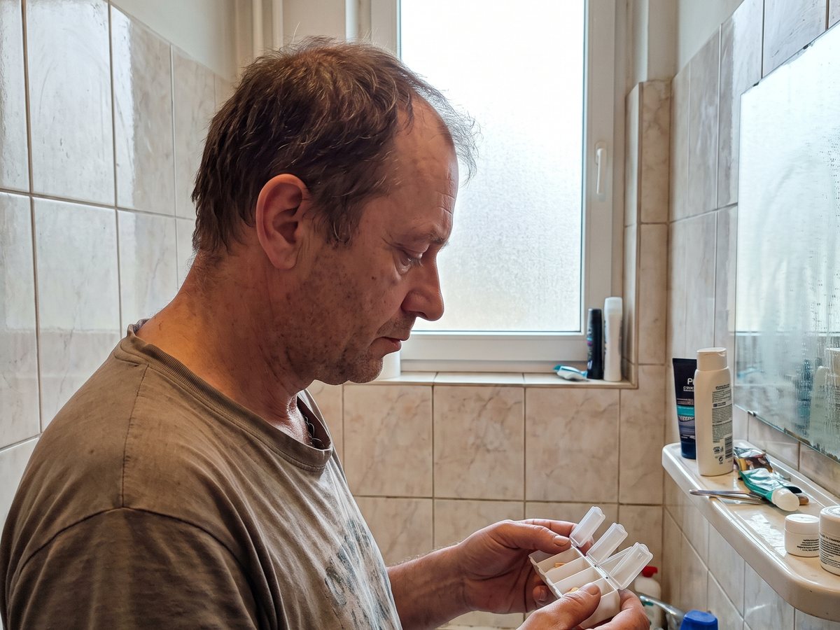Mężczyzna z tabletkami w łazience